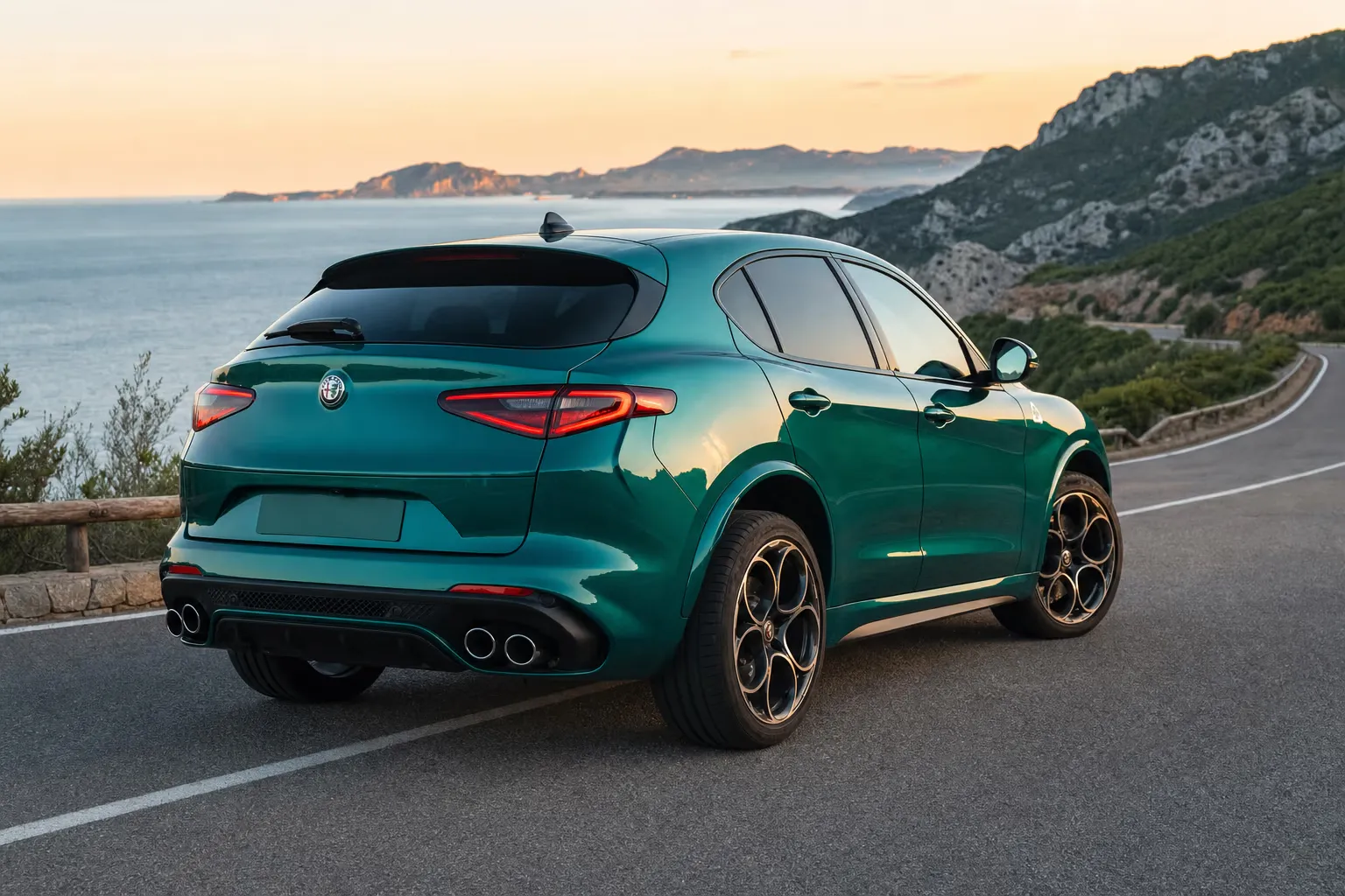 Alfa Romeo Stelvio Quadrifoglio on a Sardinian coastal road