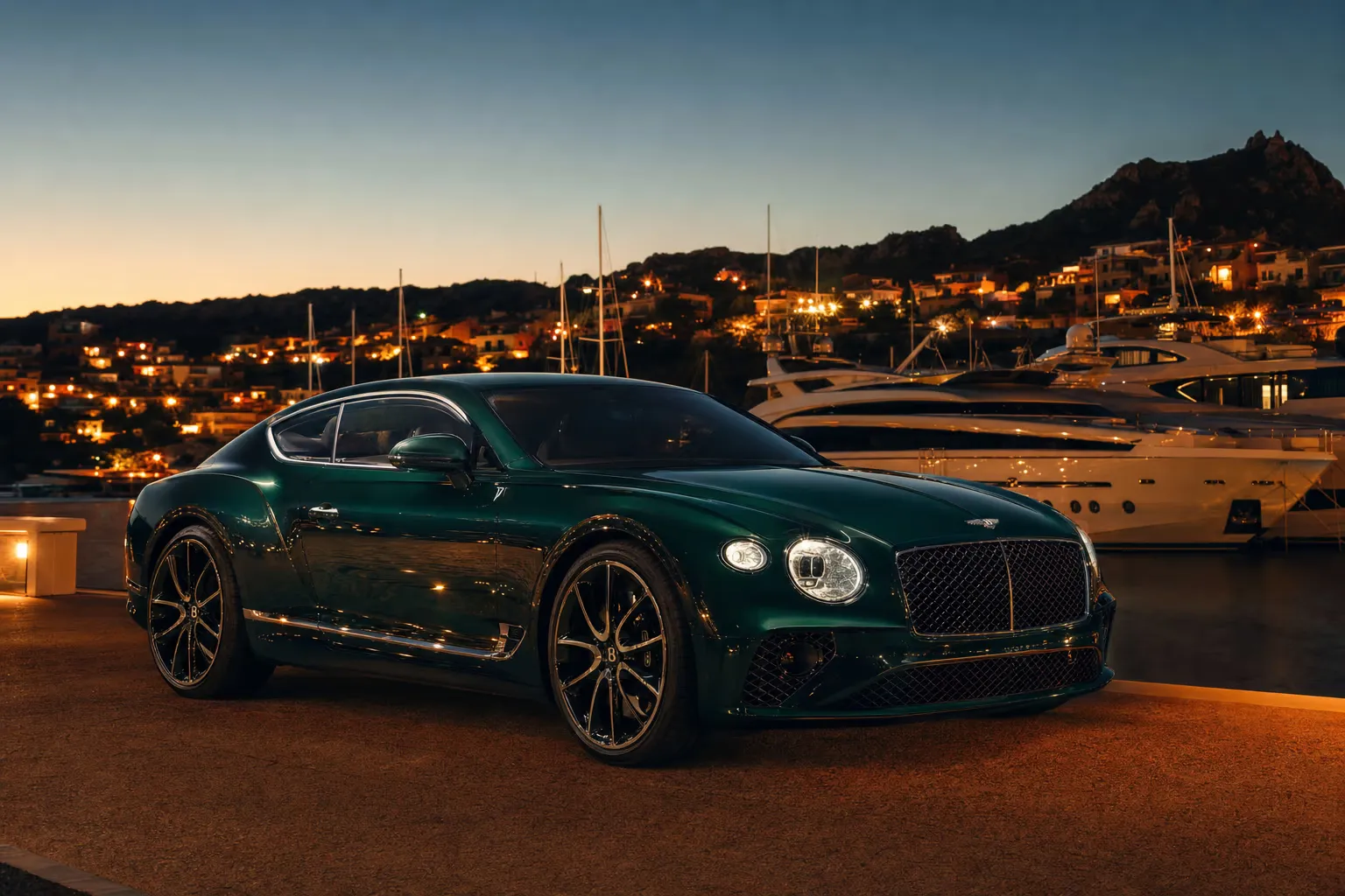Bentley Continental GT at night in an exclusive Sardinian marina