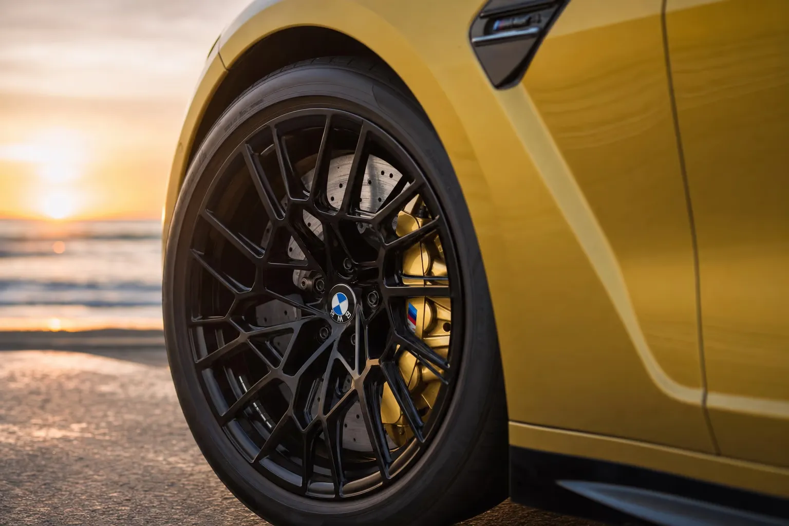 Wheel and brake caliper detail of the BMW M4 Competition