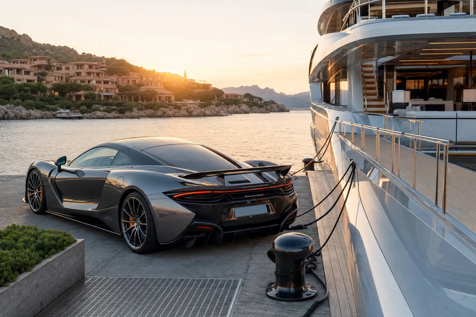 Supercar delivered on a pier beside a yacht in Sardinia