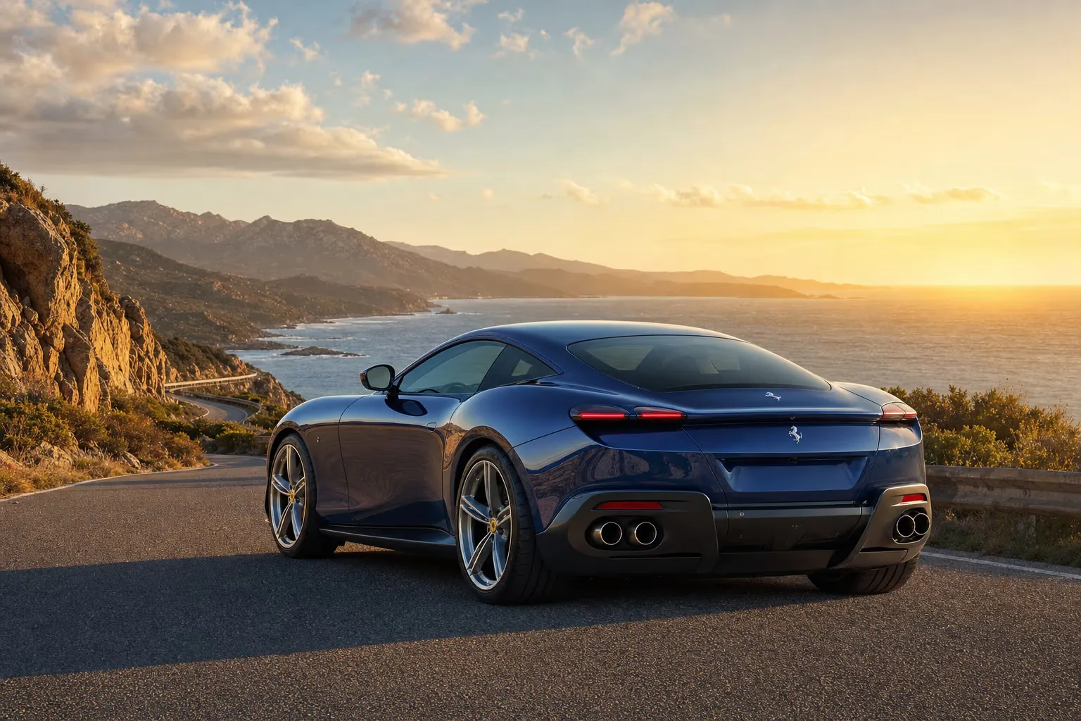 Ferrari Roma su strada costiera in Sardegna