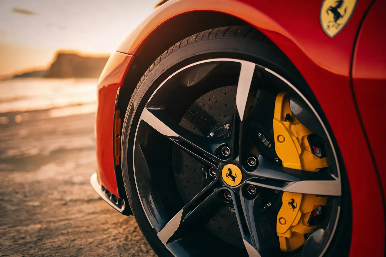 Wheel and brake caliper detail of the Ferrari SF90 Stradale