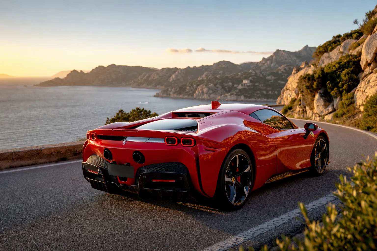 Ferrari SF90 Stradale on a Sardinian coastal road