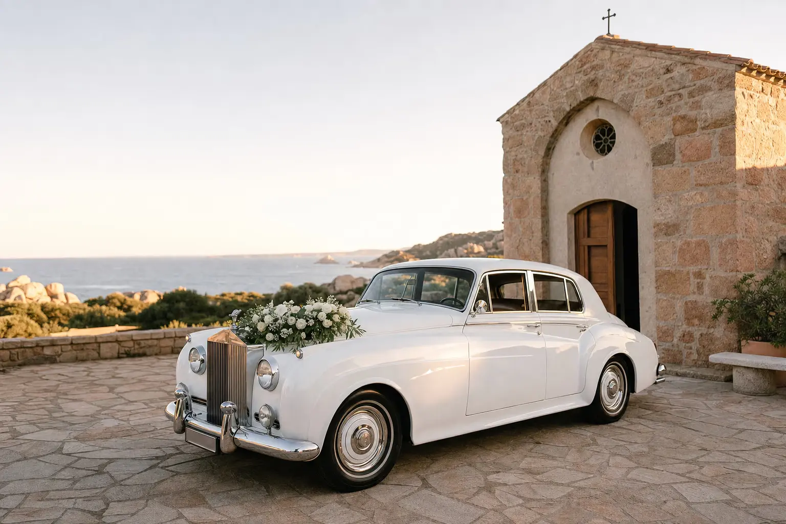 Flower-decorated luxury car waiting for the newlyweds outside a white seaside villa in Sardinia