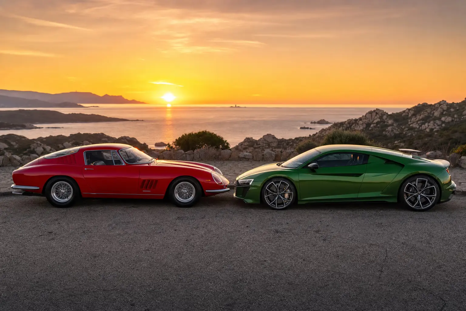 Ferrari rossa e Lamborghini verde affiancate su una strada costiera della Sardegna, con mare turchese e graniti sullo sfondo