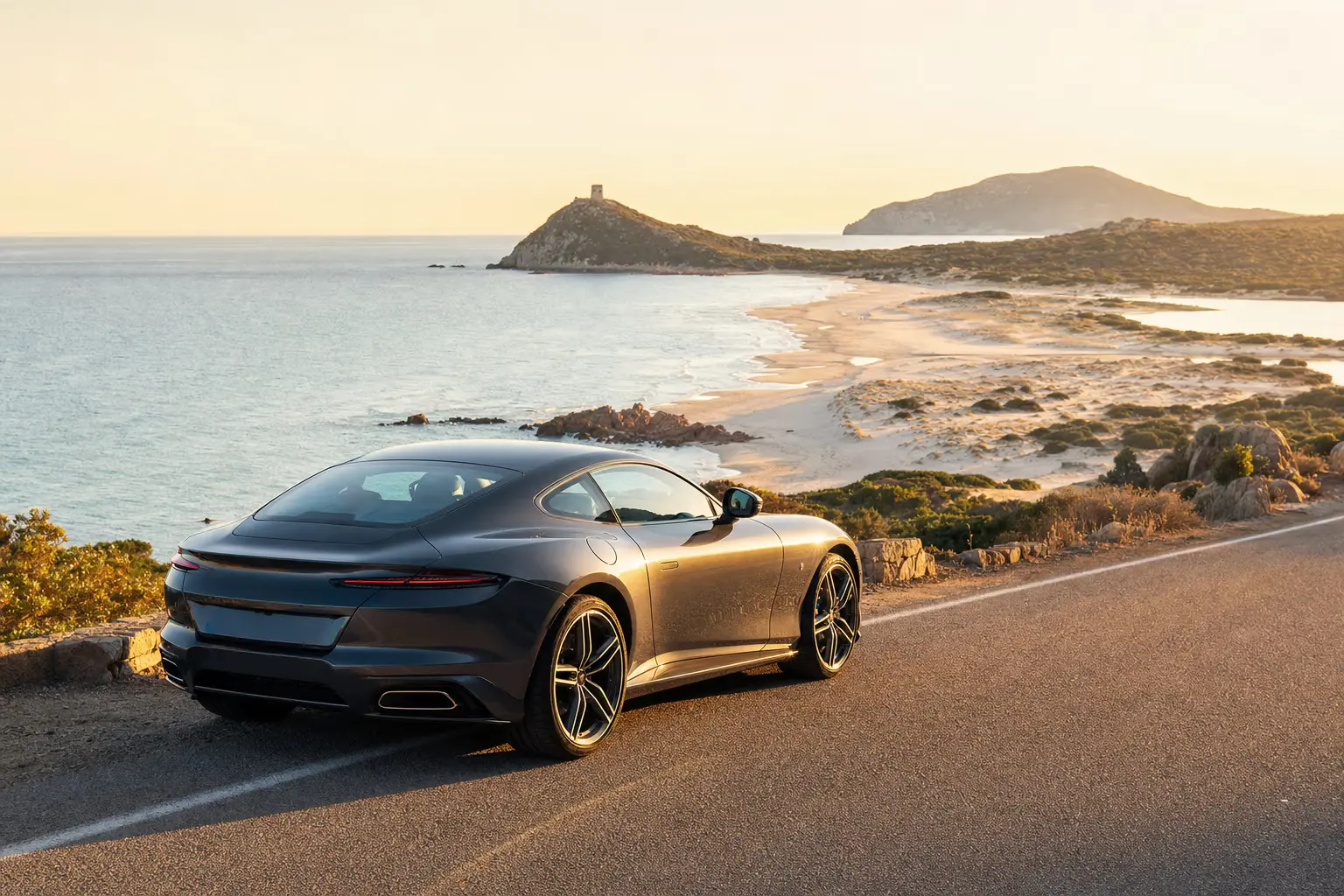 Grand tourer on the Costa del Sud scenic road in southern Sardinia, headlands and turquoise sea on the way to Chia