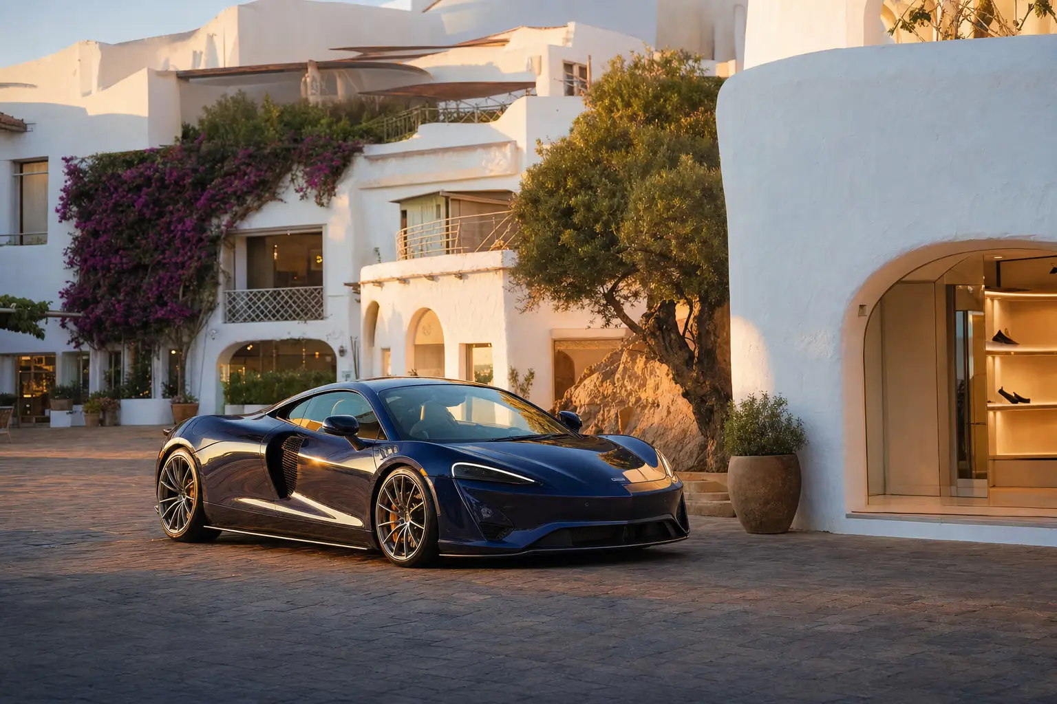 Supercar al tramonto sulla banchina della Marina di Porto Cervo, tra yacht e graniti della Costa Smeralda, in Sardegna