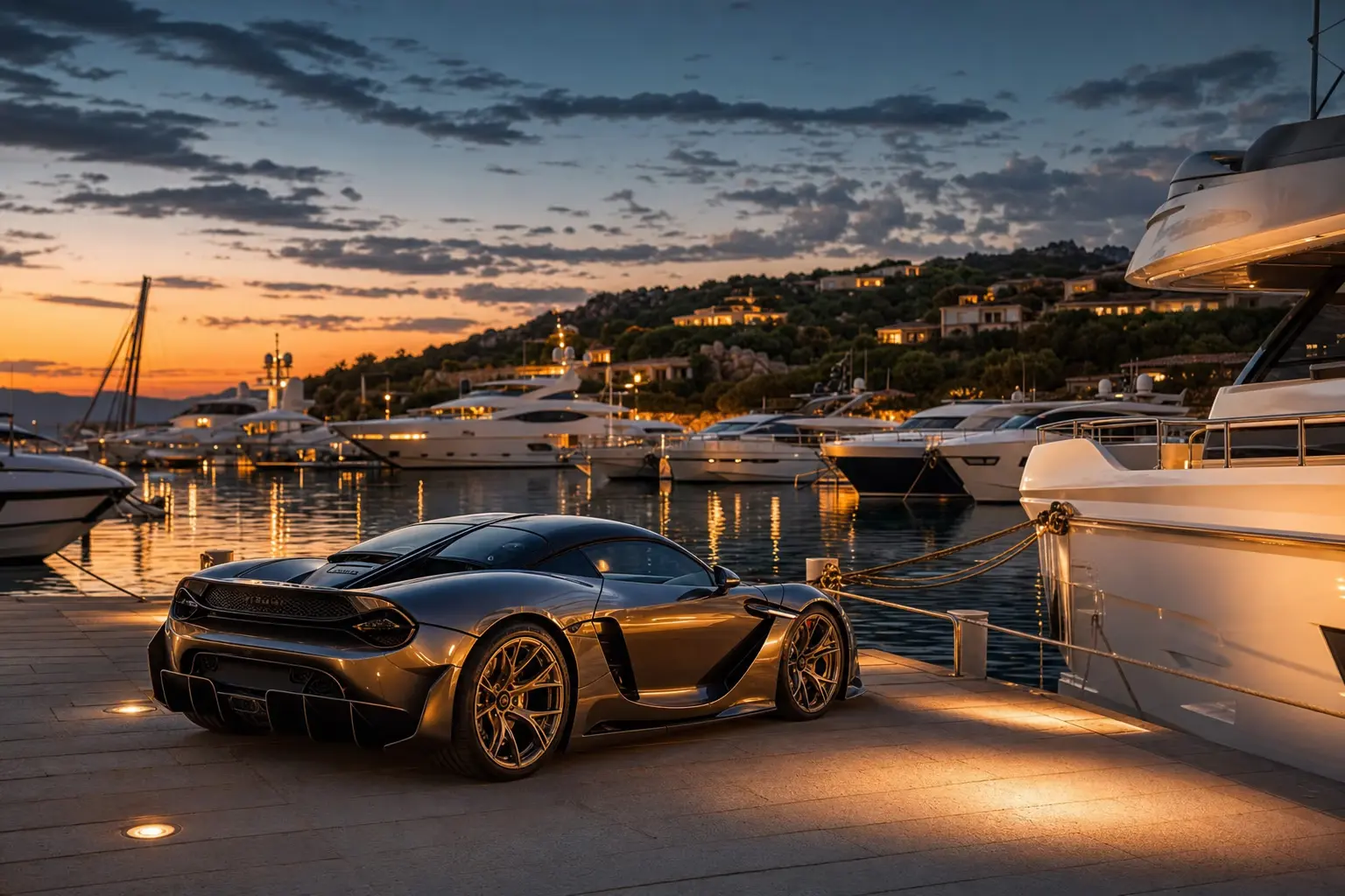 Supercar on the quayside of a Sardinian marina at sunset, framed by moored yachts and the golden light of the harbour