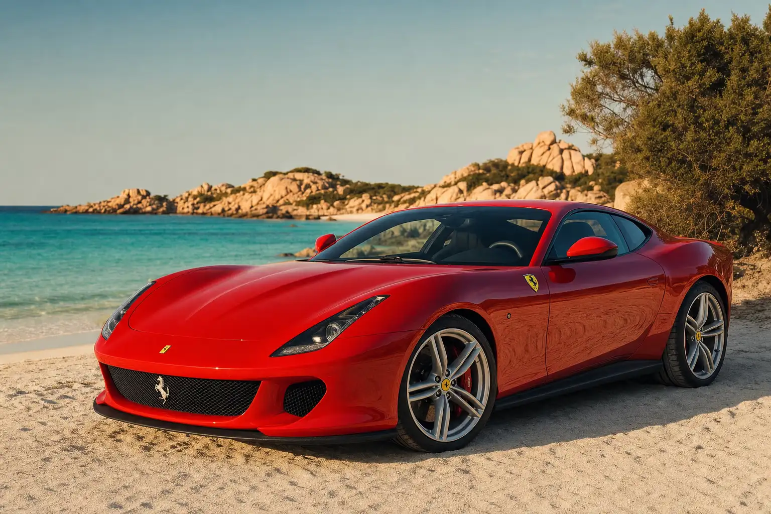 Supercar on a white-sand Sardinian beach at sunset