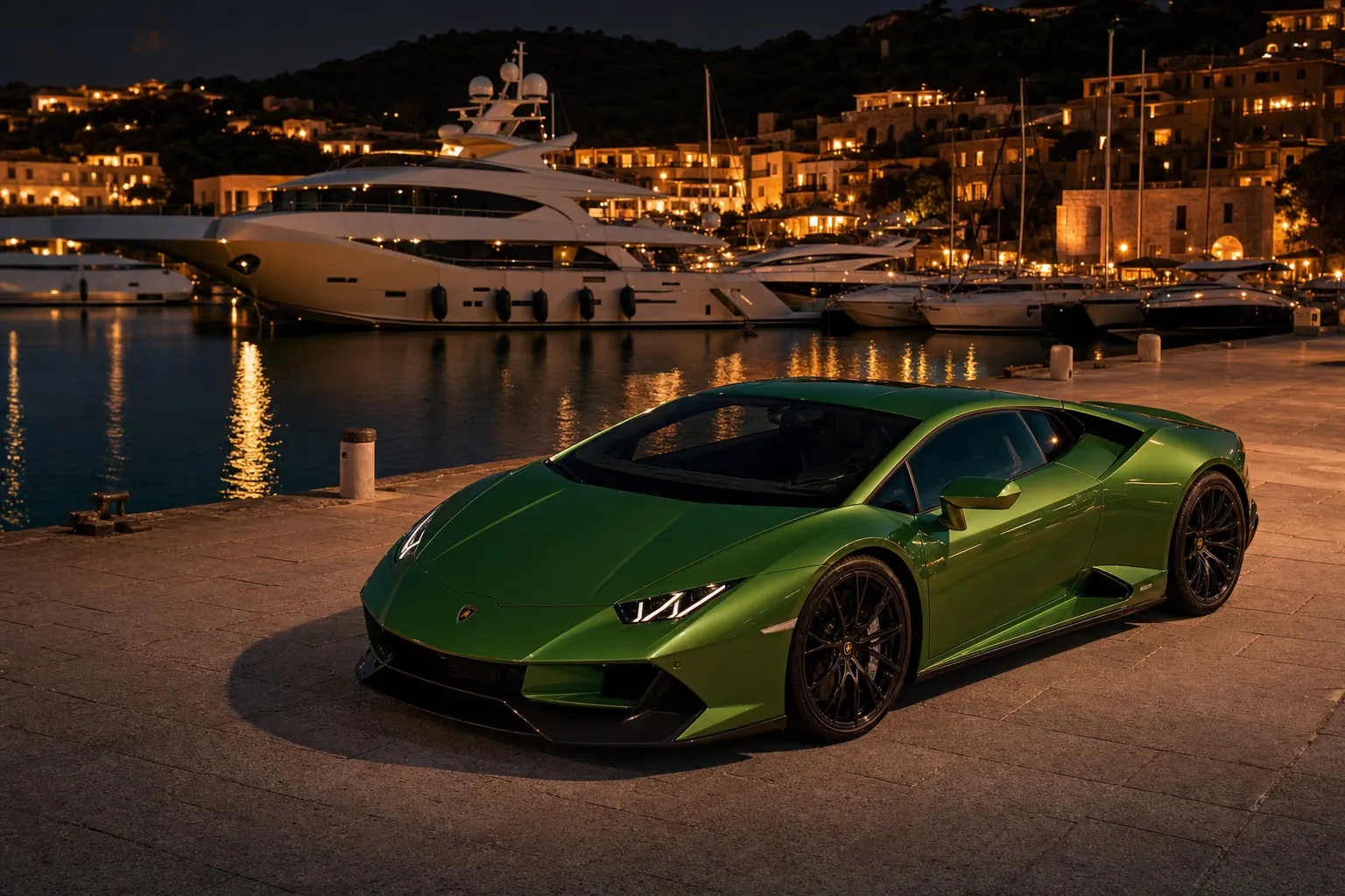 Lamborghini Huracán at night in an exclusive Sardinian marina