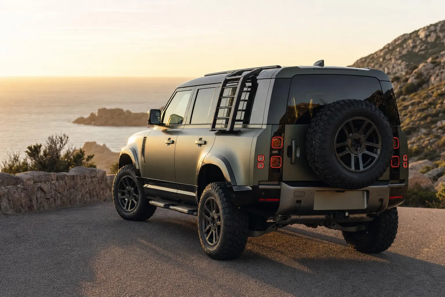 Land Rover Defender 110 on a Sardinian coastal road