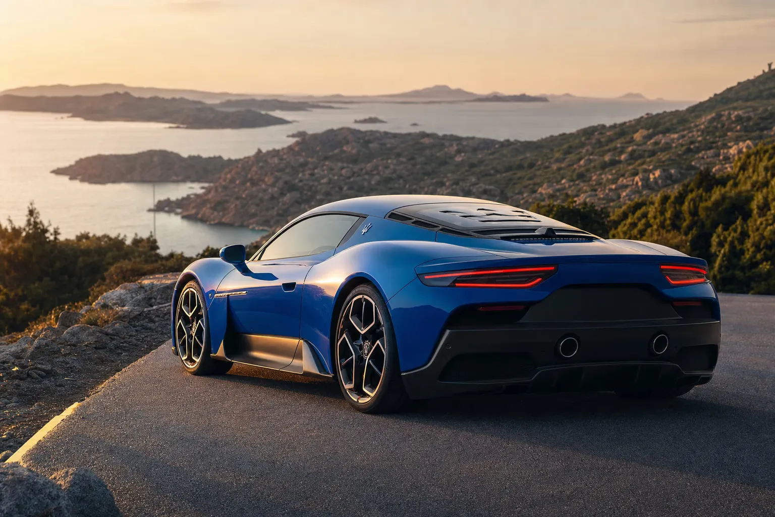 Maserati MC20 su strada costiera in Sardegna