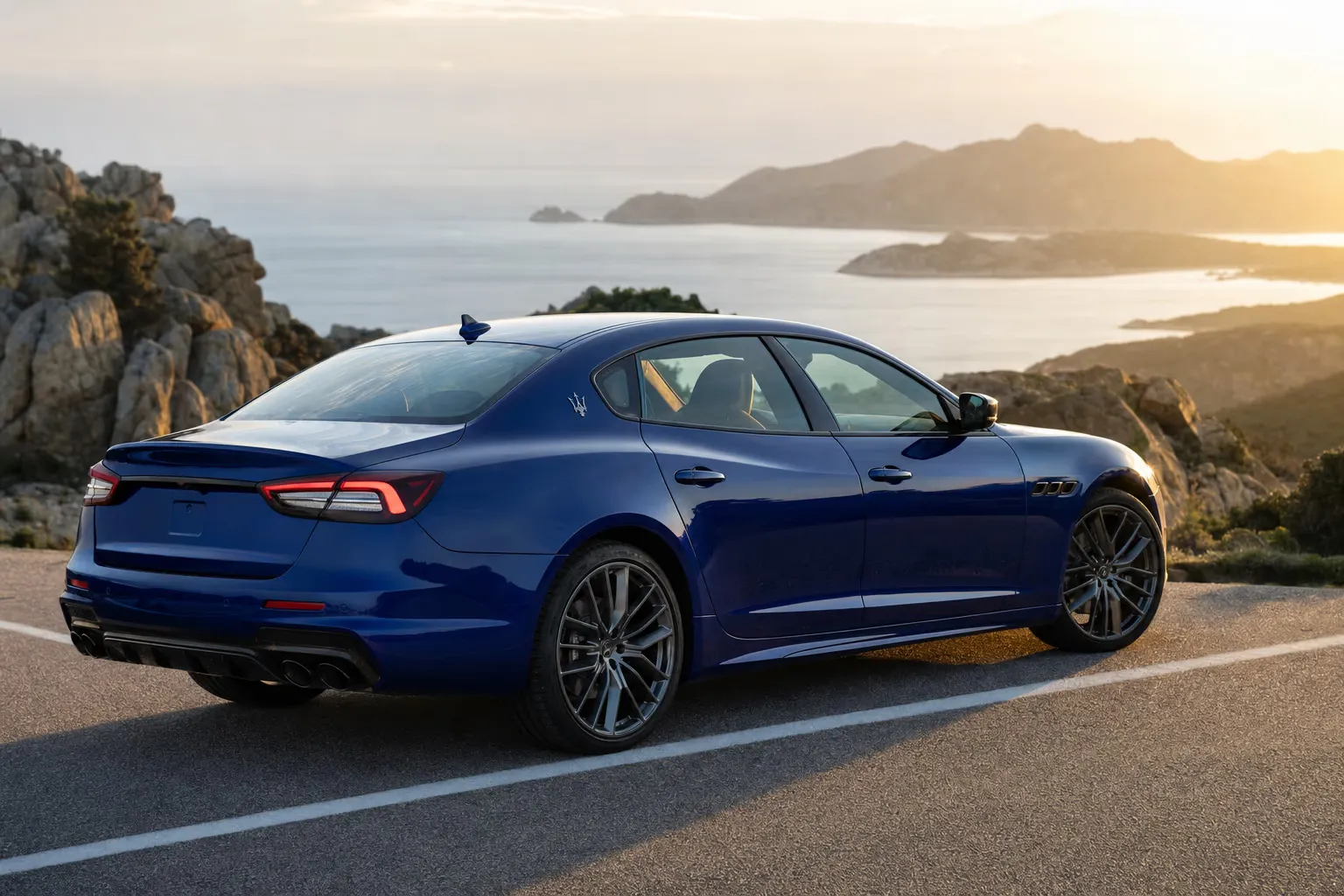 Maserati Quattroporte Trofeo on a Sardinian coastal road