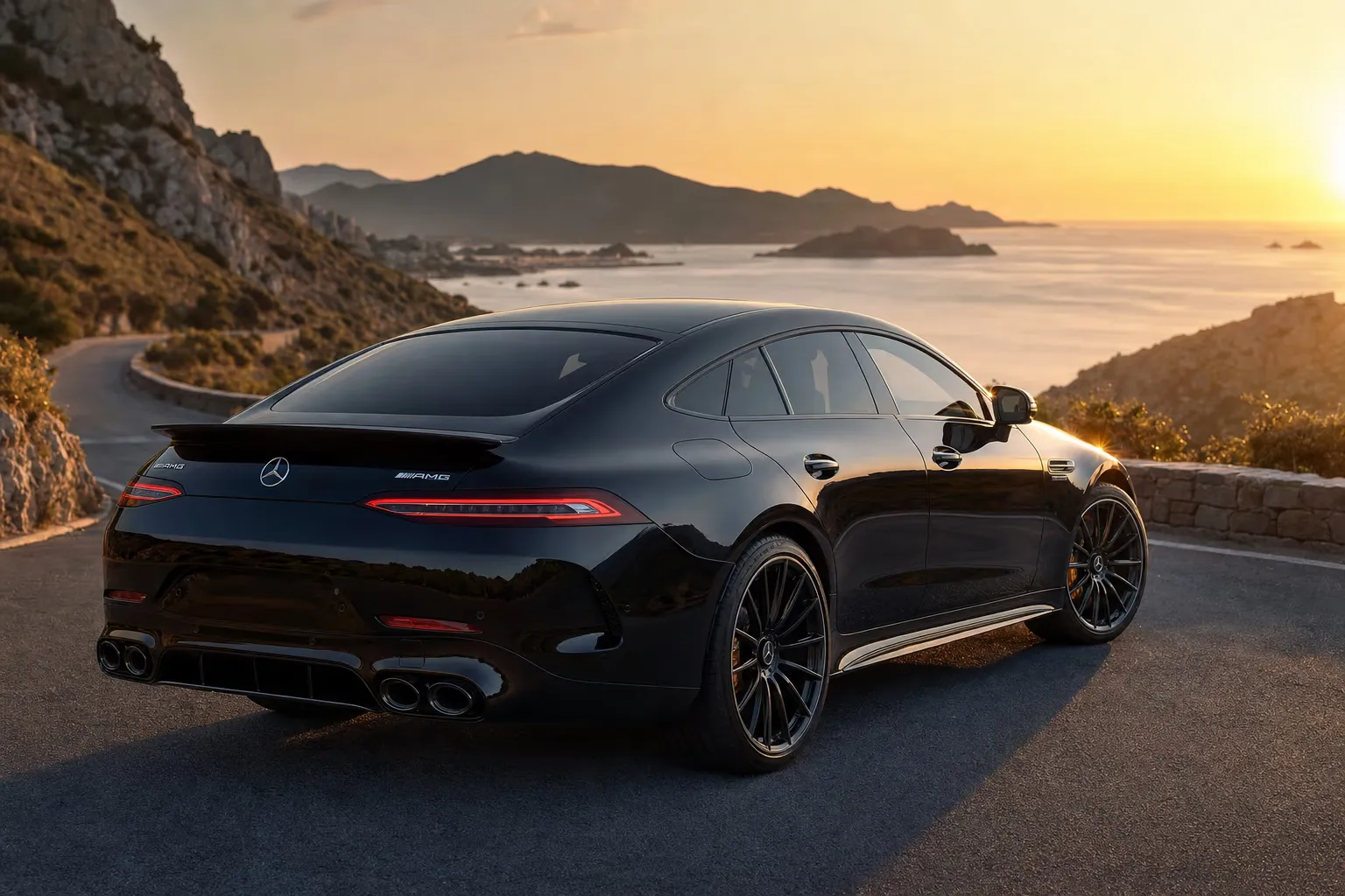 Mercedes-AMG AMG GT 4 Porte on a Sardinian coastal road