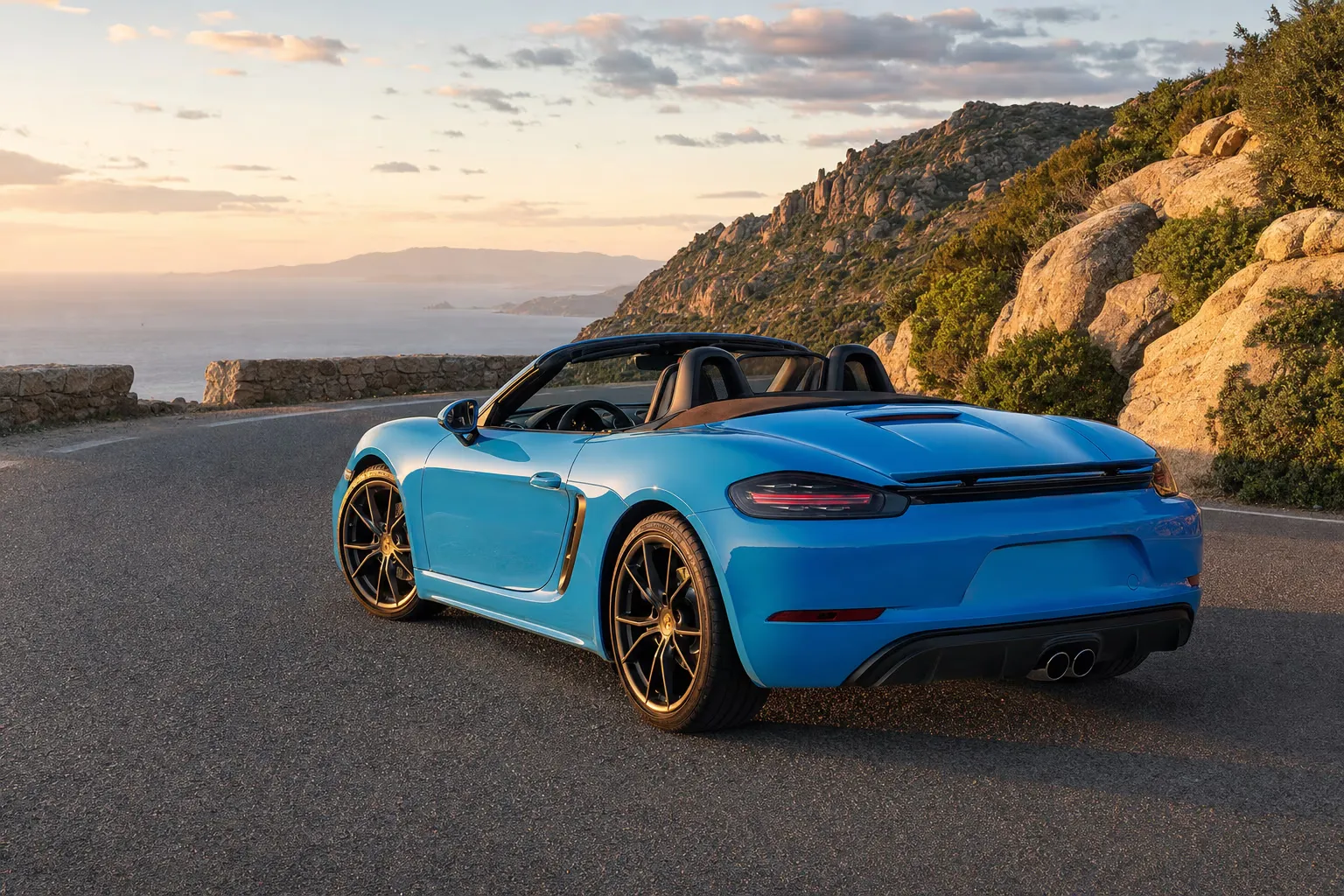 Porsche 718 Boxster su strada costiera in Sardegna