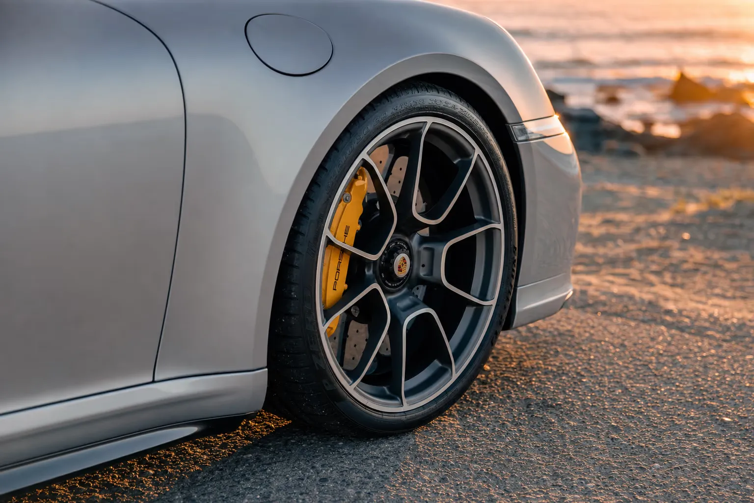 Wheel and brake caliper detail of the Porsche 911 Turbo