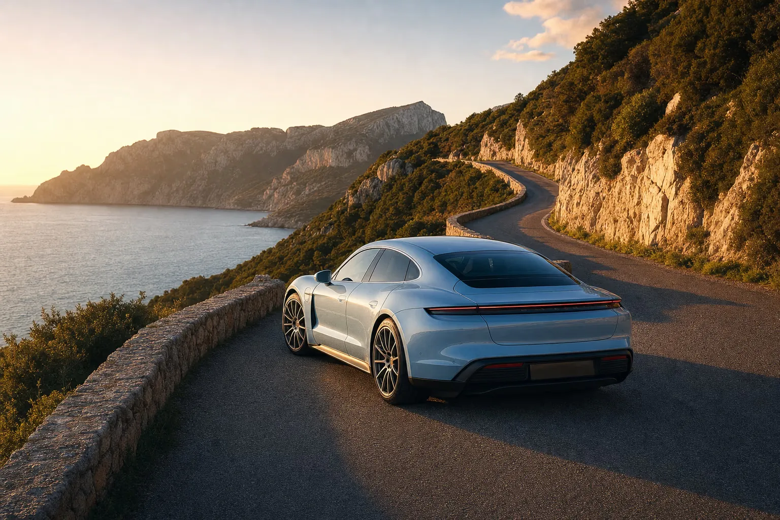 Porsche Taycan su strada costiera in Sardegna