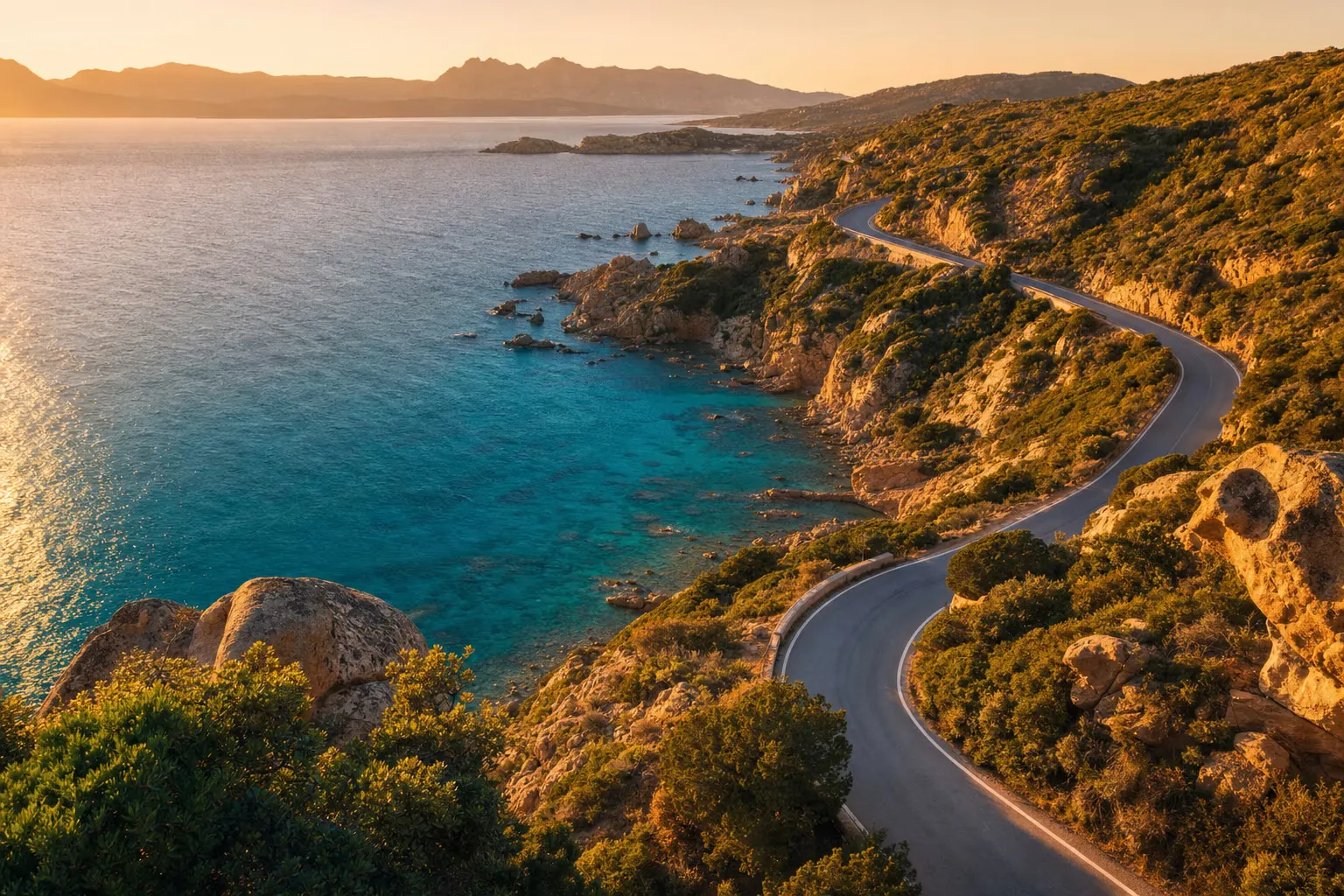 Sardinian coastal road at sunset from above