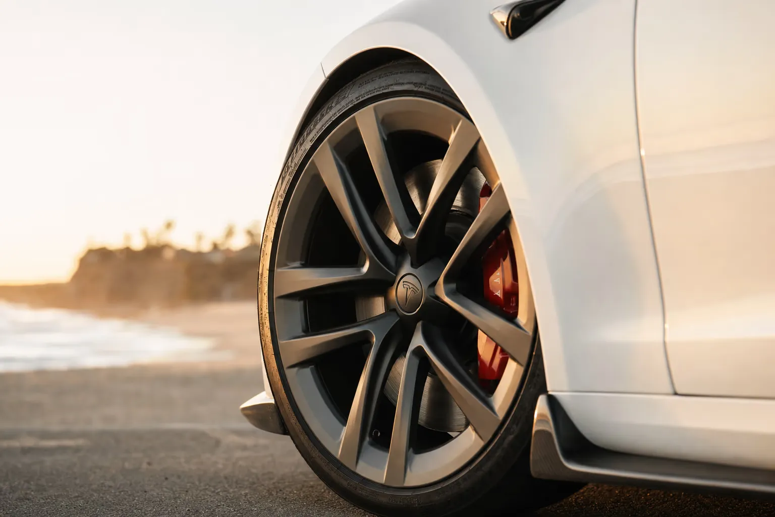 Dettaglio cerchio e pinza freno della Tesla Model S Plaid