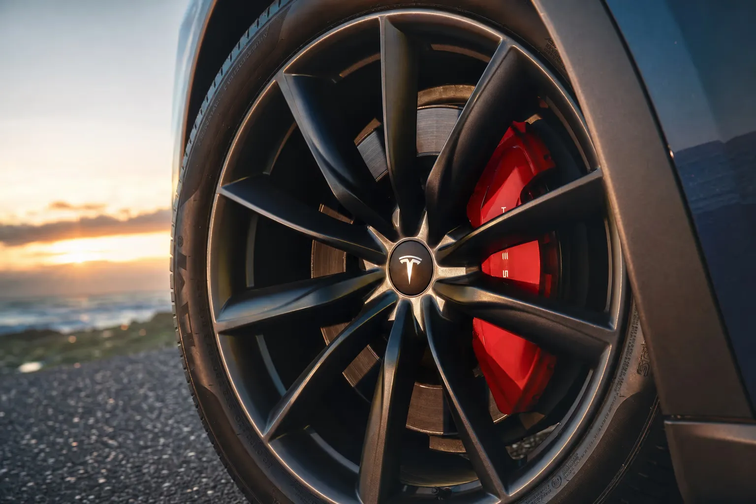 Dettaglio cerchio e pinza freno della Tesla Model X Plaid